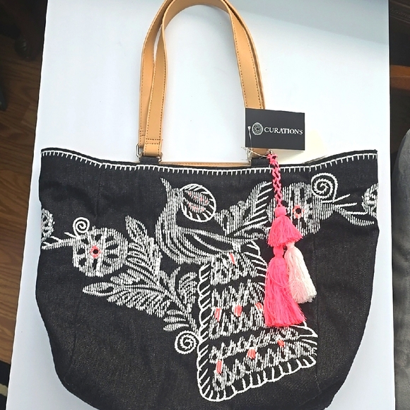 Dark BLUE Denim and White Embroidered Tote Bag - Picture 1 of 3